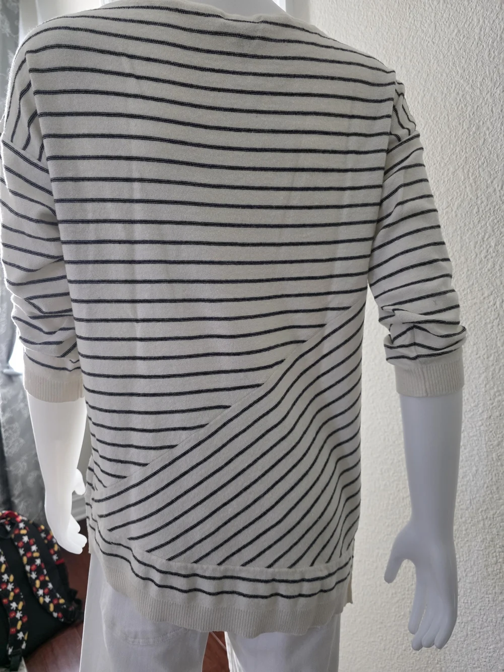 Tribal Striped Lightweight Boatneck Sweater in Cream w/Black Striping - Size M